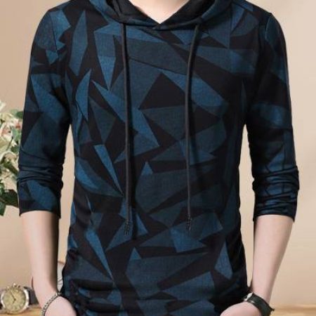 EyeBogler Printed Men Hooded Neck Blue, Black T-Shirt