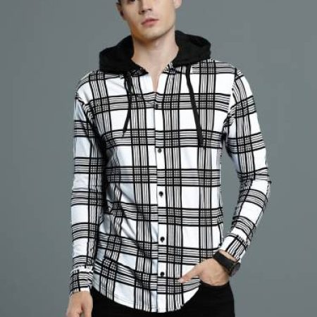 LEWEL Men Checkered Casual White, Black Shirt